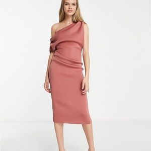 fallen shoulder pleat back midi dress in rose